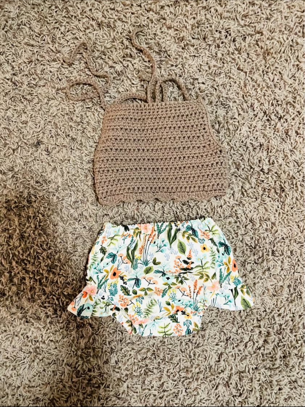 Crochet Taupe Halter Top & Floral Ruffle Baby Bloomers